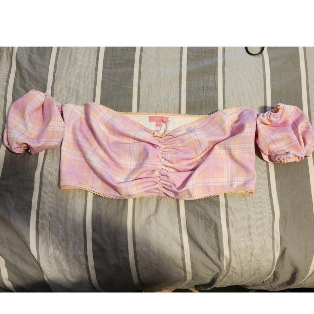 Dollskill pink plaid off the shoulder crop top